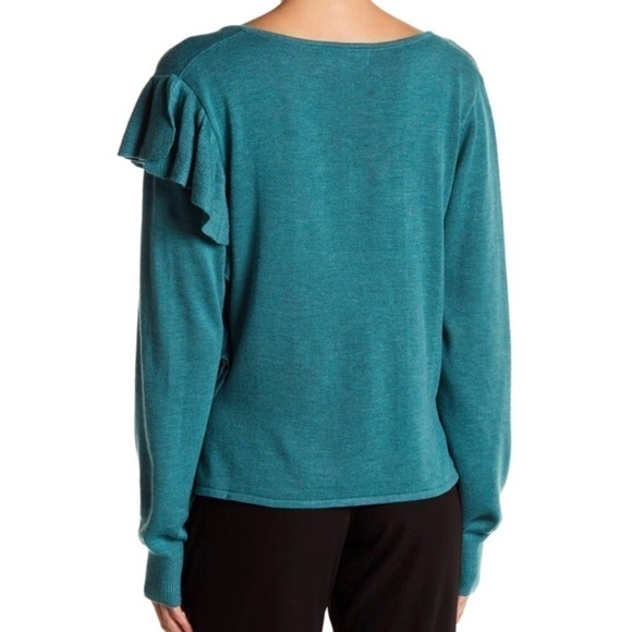 John + Jenn Teal One Shoulder Ruffle Long Sleeve Sweater Size Large - Picture 2 of 4